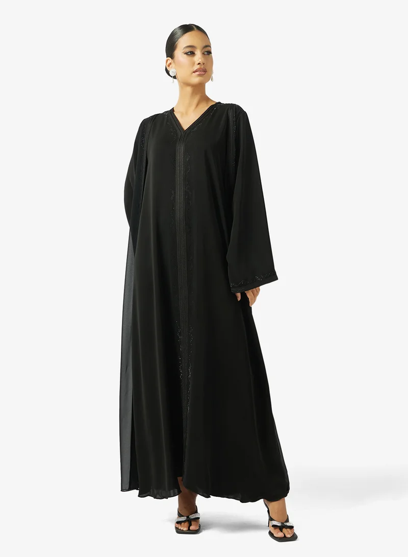 hayas closet  Embellished Loose Fit V Neck Abaya for Women | Best Price UAE